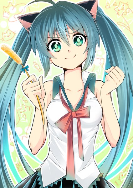 Anime picture 1240x1752 with vocaloid hatsune miku ouna yuuna single tall image looking at viewer smile twintails green eyes animal ears ahoge very long hair cat ears aqua hair cat girl sleeveless girl skirt miniskirt vest