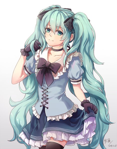 Anime picture 872x1112 with vocaloid hatsune miku mhen single long hair tall image looking at viewer twintails signed multicolored hair aqua eyes aqua hair alternate costume zettai ryouiki wavy hair gradient hair girl gloves bow hair bow