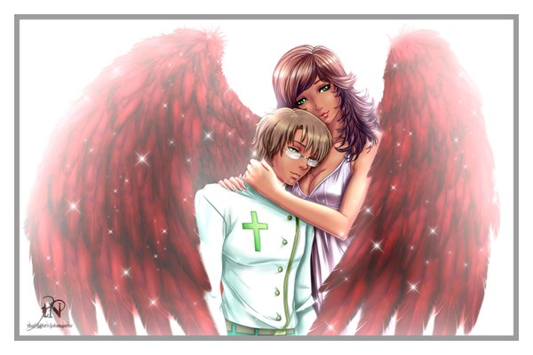 Anime picture 3000x2000 with original thenightwishmaster long hair highres short hair simple background brown hair white background green eyes signed lips hug framed dark hair girl boy wings glasses