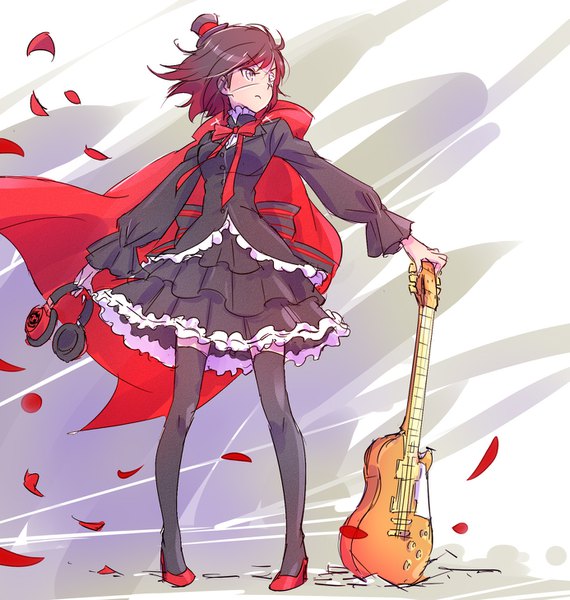 Anime picture 1386x1458 with rwby rooster teeth ruby rose iesupa single tall image short hair black hair simple background holding looking away full body red hair long sleeves profile wind high heels zettai ryouiki puffy sleeves gradient hair