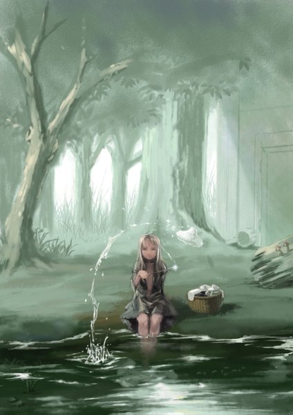 Anime picture 1000x1415 with original sody (artist) single long hair tall image blonde hair sitting open clothes magic lake girl dress plant (plants) tree (trees) water black dress forest basket wand mushroom (mushrooms)