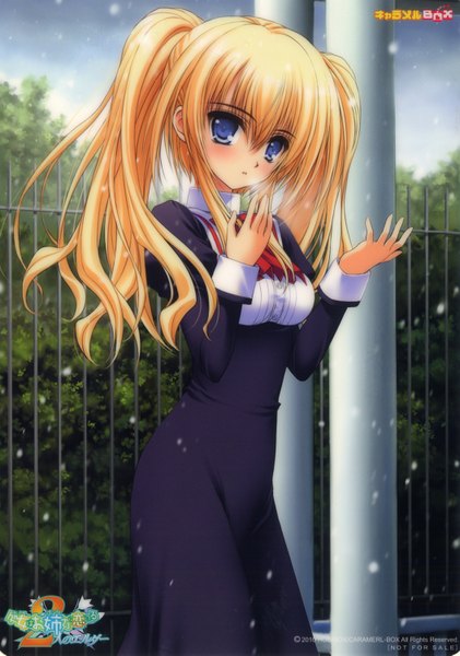 Anime picture 2107x3001 with otome wa boku ni koishiteru otome wa boku ni koishiteru futari no elder reizei awayuki norita single long hair tall image blush highres blue eyes blonde hair twintails sky long sleeves scan snowing girl plant (plants) tree (trees) serafuku