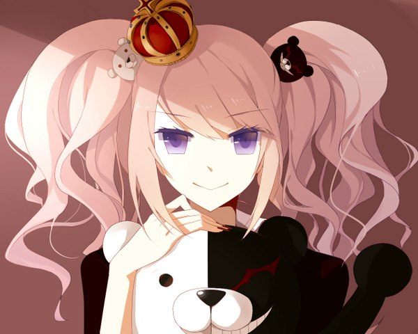 Anime picture 1280x1024 with dangan ronpa enoshima junko monokuma stairway single long hair looking at viewer fringe simple background smile twintails purple eyes pink hair nail polish fingernails hug girl crown