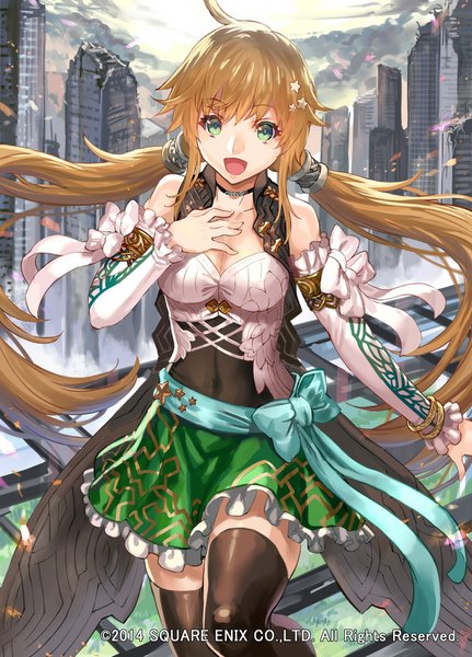 Anime picture 719x1000 with guns n' souls ranou single tall image looking at viewer fringe breasts open mouth brown hair twintails bare shoulders green eyes sky cloud (clouds) ahoge bent knee (knees) long sleeves very long hair sunlight zettai ryouiki