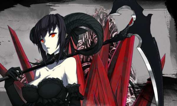 Anime picture 1000x600 with original ddddddd single long hair looking at viewer fringe breasts open mouth black hair red eyes wide image large breasts bare shoulders horn (horns) girl dress gloves weapon black gloves elbow gloves