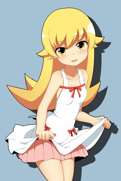 Anime picture 600x900 with bakemonogatari shaft (studio) monogatari (series) oshino shinobu raoorica single long hair tall image looking at viewer blush fringe blonde hair simple background yellow eyes light smile shadow sleeveless girl dress skirt