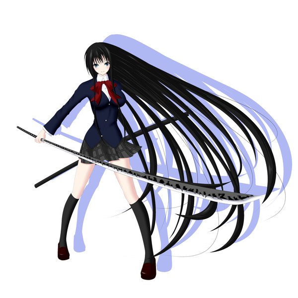 Anime picture 2000x2000 with original gmot long hair highres blue eyes black hair smile shadow girl weapon sword socks serafuku katana black socks