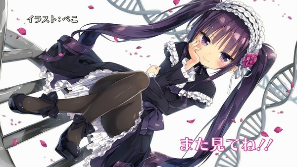 Anime picture 1920x1080 with absolute duo 8bit tsukumo sakuya peko single looking at viewer blush highres smile wide image sitting twintails purple eyes payot purple hair long sleeves very long hair hair flower high heels dutch angle