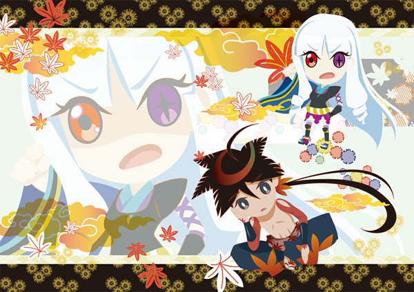 Anime picture 1131x800 with katanagatari white fox togame yasuri shichika long hair open mouth red eyes brown hair sitting ahoge white hair ponytail japanese clothes hand on hip topless chibi vector + + hand on cheek girl