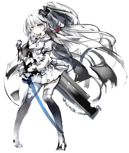 Anime picture 1097x1301 with original kotatu (akaki01aoki00) single tall image fringe red eyes standing white background full body white hair very long hair blurry floating hair monochrome spot color girl thighhighs skirt weapon miniskirt