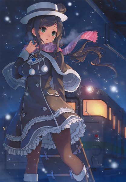 Anime picture 2192x3155 with original paseri single long hair tall image blush highres brown hair green eyes looking away scan night snowing winter exhalation girl hat scarf coat pom pom (clothes)