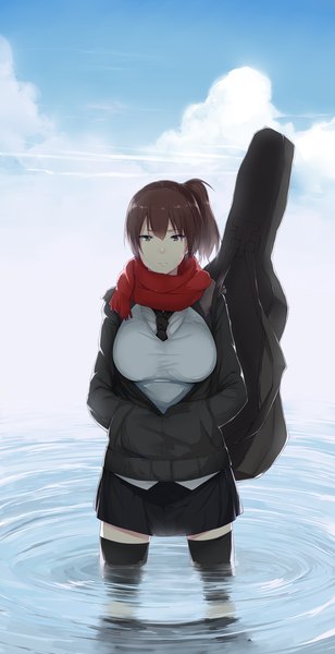 Anime picture 3600x7000 with kantai collection kaga aircraft carrier hews single tall image highres short hair black hair brown eyes absurdres sky cloud (clouds) copyright name side ponytail girl thighhighs skirt black thighhighs animal water