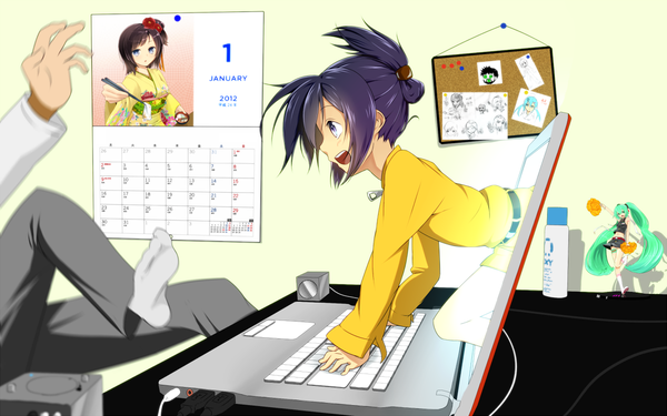 Anime picture 1152x720 with original vocaloid hatsune miku ninnzinn short hair open mouth wide image purple eyes purple hair profile girl calendar laptop