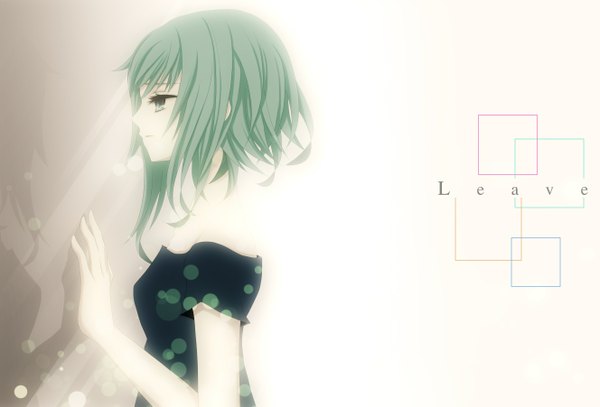 Anime picture 1328x902 with vocaloid gumi aonoe single short hair green eyes profile green hair inscription reflection sad girl dress black dress