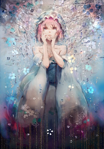 Anime picture 1239x1771 with touhou saigyouji yuyuko ayaya (artist) single tall image short hair bare shoulders pink hair japanese clothes pink eyes cherry blossoms girl flower (flowers) petals bonnet