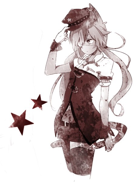 Anime picture 1600x2141 with original zombie neko single long hair tall image simple background blonde hair white background animal ears looking away animal tail cat ears cat tail alternate costume monochrome serious girl star (symbol) beret eyepatch