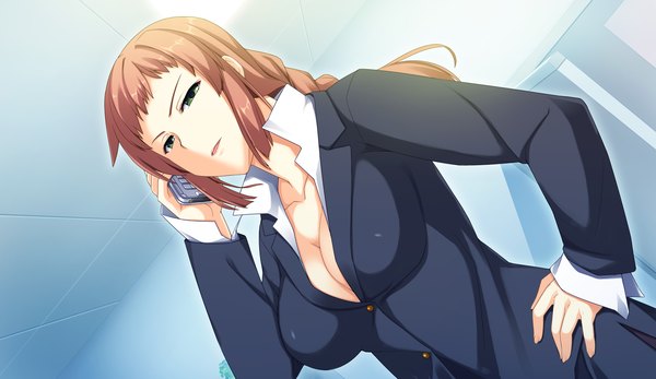 Anime picture 2660x1540 with sinclient misono kyou reesaa long hair highres breasts light erotic brown hair wide image large breasts green eyes game cg braid (braids) frown office lady popped collar girl mobile phone