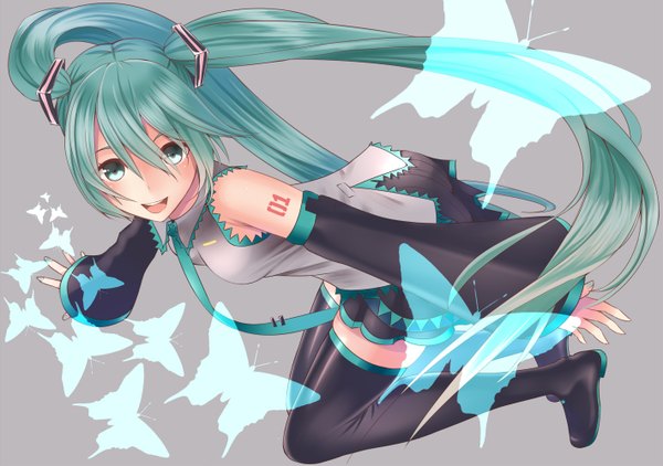 Anime picture 1419x1000 with vocaloid hatsune miku hamizu single open mouth smile twintails bare shoulders very long hair aqua eyes aqua hair girl skirt hair ornament detached sleeves miniskirt necktie boots insect butterfly