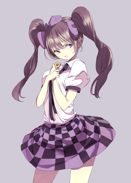 Anime picture 1000x1399 with touhou himekaidou hatate miya9 single long hair tall image simple background brown hair purple eyes twintails looking away purple background checkered skirt girl skirt bow hair bow necktie mobile phone tokin hat