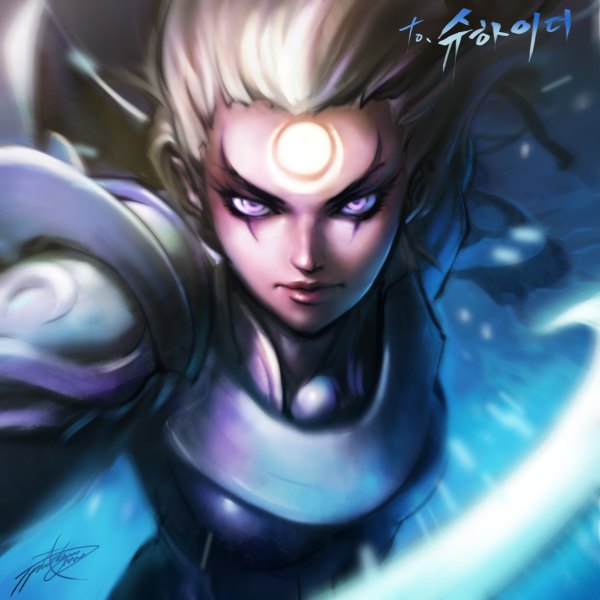Anime picture 1200x1200 with league of legends diana (league of legends) phantom (ptcrow) single long hair looking at viewer purple eyes grey hair facial mark girl armor