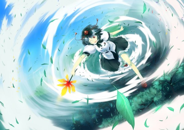 Anime picture 1754x1240 with touhou shameimaru aya sinzan single highres short hair open mouth black hair red eyes one eye closed wink girl dress skirt miniskirt leaf (leaves) fan hauchiwa