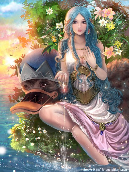 Anime picture 1024x1365 with one piece toei animation nefertari vivi carue rikamello single long hair tall image sitting bare shoulders signed blue hair cloud (clouds) realistic grey eyes soaking feet girl hair ornament flower (flowers) earrings