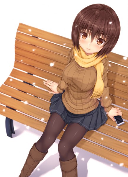 Anime picture 1364x1885 with original kitou kaitai single tall image looking at viewer blush fringe short hair hair between eyes brown hair brown eyes from above snowing girl skirt pantyhose boots scarf mobile phone bench