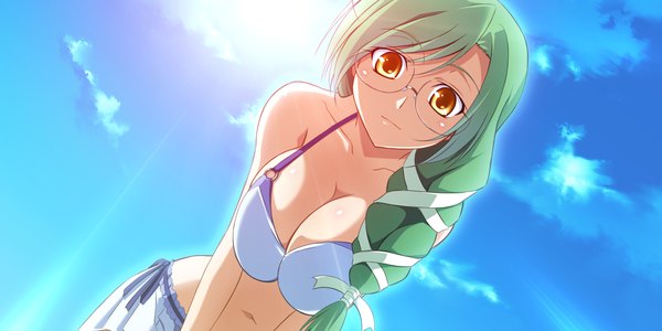 Anime picture 1200x600 with soranica ele (game) yamamura honoka izumi mahiru breasts light erotic wide image yellow eyes game cg green hair girl swimsuit bikini glasses white bikini