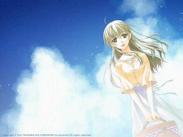 Anime picture 1600x1200 with takigawa yuu single long hair looking at viewer fringe highres blonde hair hair between eyes standing sky cloud (clouds) ahoge wind dutch angle girl cardigan