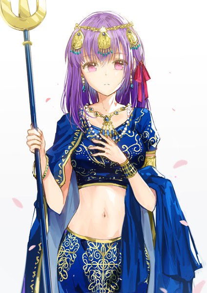 Anime picture 700x990 with fate (series) fate/grand order matou sakura parvati (fate/grand order) dangmill single long hair tall image looking at viewer fringe simple background hair between eyes white background purple eyes holding purple hair traditional clothes midriff expressionless indian clothes