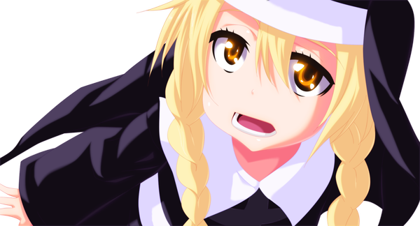 Anime picture 1900x1026 with to aru majutsu no index j.c. staff angelene eroishi single long hair highres open mouth blonde hair wide image braid (braids) orange eyes twin braids coloring transparent background nun girl