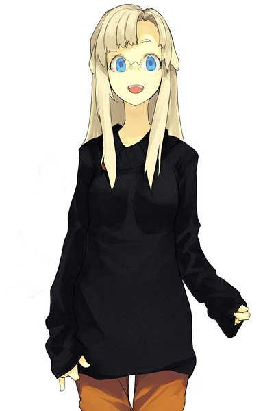 Anime picture 672x1000 with original hama2224 single long hair tall image looking at viewer fringe open mouth blue eyes blonde hair simple background white background mole mole under eye girl glasses sweater