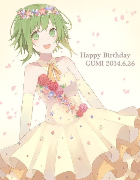 Anime picture 1060x1363 with vocaloid gumi nagitoki single tall image looking at viewer blush short hair open mouth simple background smile white background bare shoulders green eyes hair flower green hair teeth character names happy birthday girl