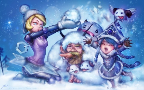 Anime picture 1920x1200 with league of legends lulu (league of legends) poro (league of legends) orianna (league of legends) gragas (league of legends) phantom (ptcrow) blush highres short hair blue eyes blonde hair multiple girls blue hair eyes closed very long hair black eyes winter girl boy 2 girls