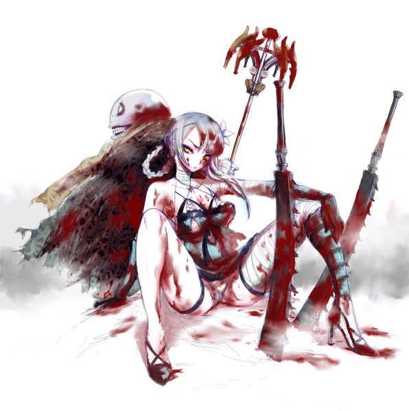Anime picture 1461x1472 with nier kaine (nier) emil (no.7) oxoxox long hair tall image light erotic sitting holding yellow eyes white hair dual wielding back to back girl gloves underwear panties weapon sword elbow gloves