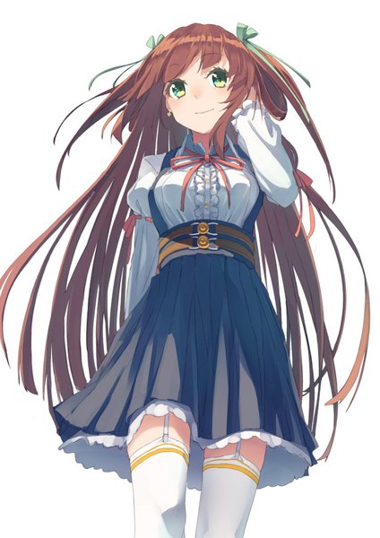 Anime picture 723x1023 with original touboku single long hair tall image blush simple background brown hair white background green eyes light smile adjusting hair hand on head girl thighhighs dress ribbon (ribbons) hair ribbon earrings white thighhighs
