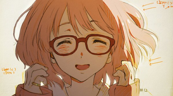 Anime picture 800x446 with kyoukai no kanata kyoto animation kuriyama mirai drawing lee single fringe short hair open mouth wide image pink hair eyes closed happy girl glasses ring