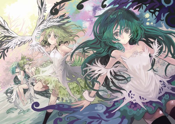 Anime picture 2000x1422 with original ryuuri susuki (artist) long hair fringe highres open mouth sitting bare shoulders multiple girls barefoot hair flower green hair hair over one eye grey eyes girl dress hair ornament plant (plants) animal water