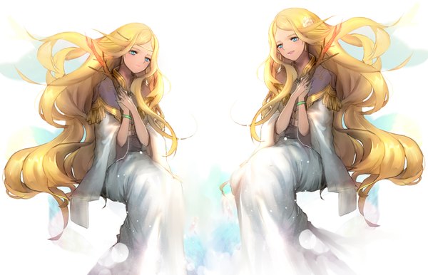 Anime picture 1554x1000 with twelve kingdoms nal (artist) long hair blue eyes simple background blonde hair white background light smile dual persona girl earrings bracelet branch clothes