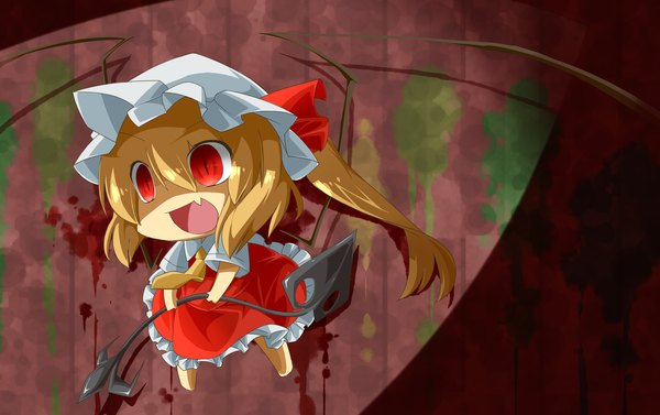 Anime picture 2700x1700 with touhou flandre scarlet eiri (eirri) single fringe highres short hair blonde hair hair between eyes red eyes looking away full body fang (fangs) one side up shaded face chibi slit pupils alternate wings girl bow