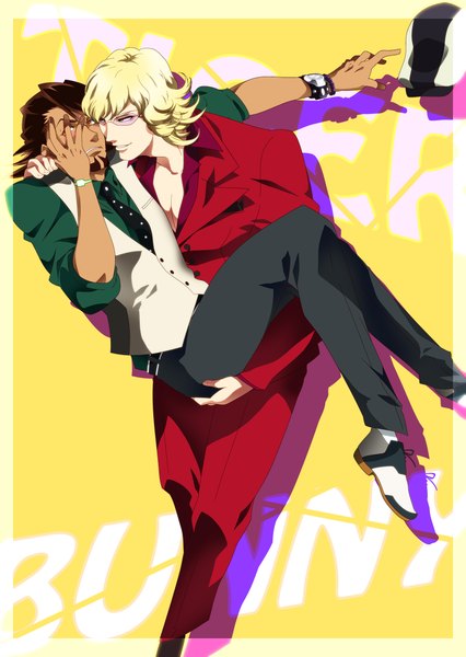 Anime picture 1500x2114 with tiger & bunny sunrise (studio) kaburagi t. kotetsu barnaby brooks jr. tamatsuyu tall image short hair blonde hair smile brown hair dark skin border yellow background shounen ai carrying princess carry boy shirt glasses necktie