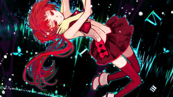 Anime picture 1600x900 with vocaloid nekomura iroha single long hair red eyes wide image red hair tail pale skin flying falling girl thighhighs bow insect butterfly hands