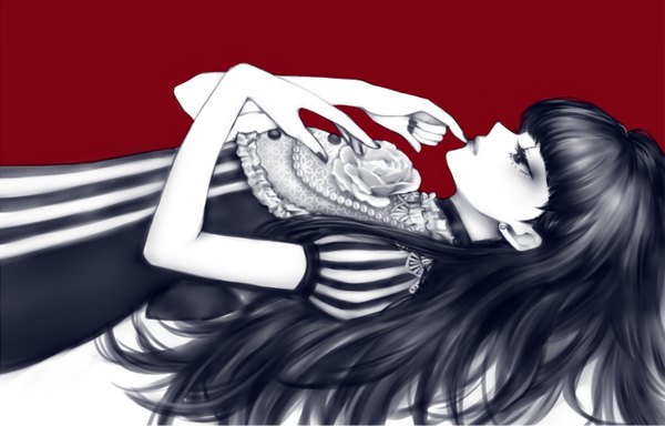 Anime picture 1458x934 with original ohagi (ymnky) single long hair black hair lying nail polish profile black eyes on back finger to mouth striped red background girl flower (flowers) earrings rose (roses) beads white rose