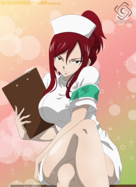 Anime picture 800x1096 with fairy tail erza scarlet cruzerblade single long hair tall image smile brown eyes red hair crossed legs coloring nurse girl