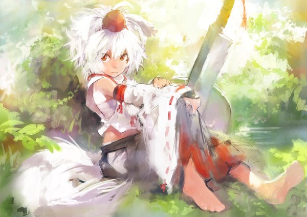 Anime picture 1340x950 with touhou inubashiri momiji matsuda (matsukichi) single short hair red eyes sitting white hair barefoot girl skirt plant (plants) detached sleeves sword shield tokin hat