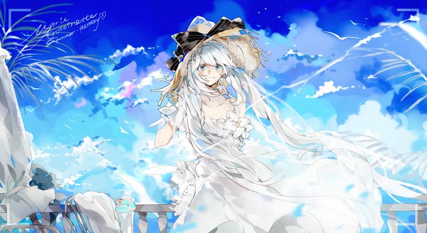 Anime picture 2200x1200 with fate (series) fate/grand order marie antoinette (fate/grand order) marie antoinette (swimsuit caster) (fate) emera single looking at viewer fringe highres blue eyes smile wide image twintails sky silver hair cloud (clouds) very long hair wind character names closed umbrella