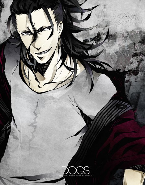 Anime picture 1200x1535 with dogs: bullets & carnage david production fuyumine magato mollo single long hair tall image open mouth black hair smile hair between eyes off shoulder inscription grey eyes dark hair boy jewelry necklace t-shirt