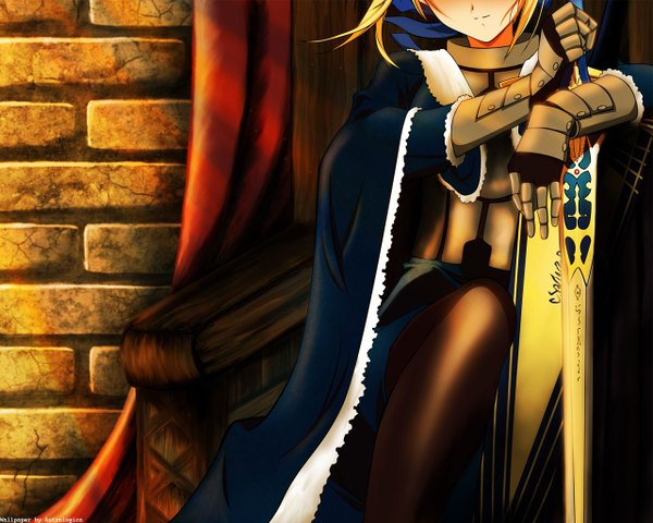 Anime picture 1280x1024 with fate (series) fate/stay night studio deen type-moon artoria pendragon (all) saber blonde hair girl weapon sword armor