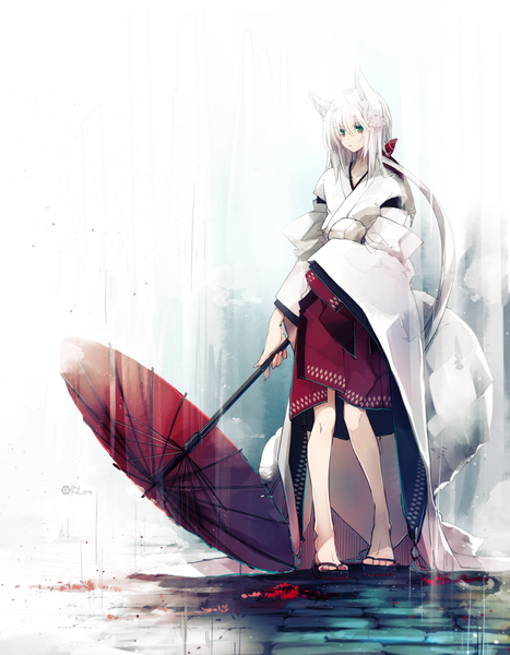 Anime picture 1200x1541 with original numikko single long hair tall image simple background animal ears looking away full body white hair traditional clothes japanese clothes fingernails wide sleeves gradient background rain girl umbrella sandals oriental umbrella