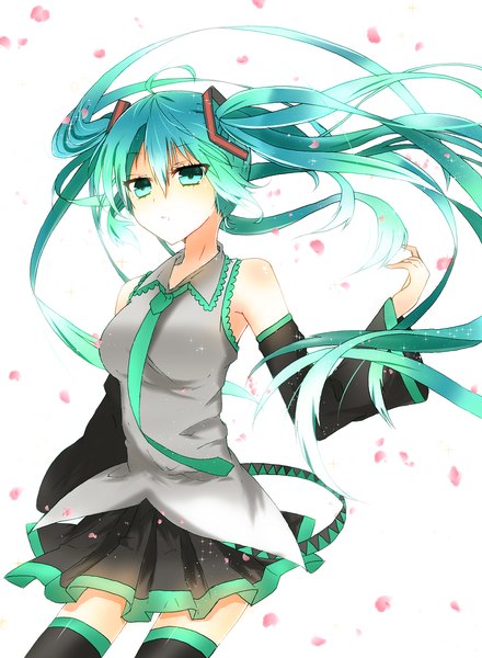 Anime picture 1045x1423 with vocaloid hatsune miku kurana single tall image looking at viewer blush simple background white background twintails bare shoulders very long hair nail polish aqua eyes aqua hair cherry blossoms weightlessness girl thighhighs skirt